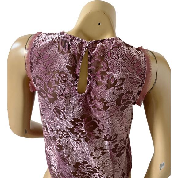 GUESS Womens Size XXS Sheer Sleeveless Mauve Velvet Trim Fringed Tank Top Shirt - Picture 6 of 9